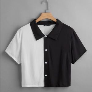 SHEIN NWOT Curve Cropped Colorblock Button Up Collared Blouse